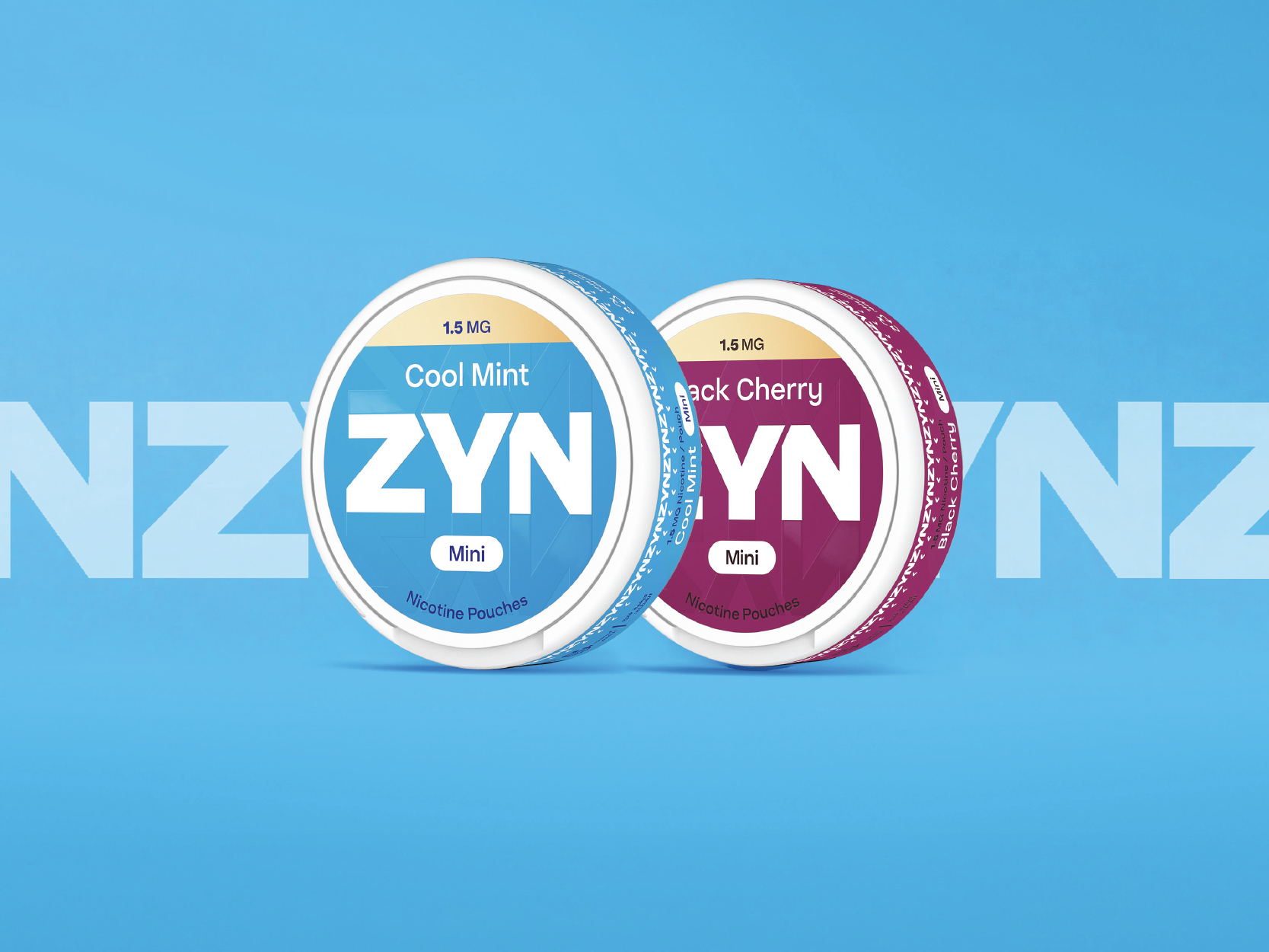 Cans of ZYN Mini nicotine pouches in X-Low in various flavours displayed on a blue background.